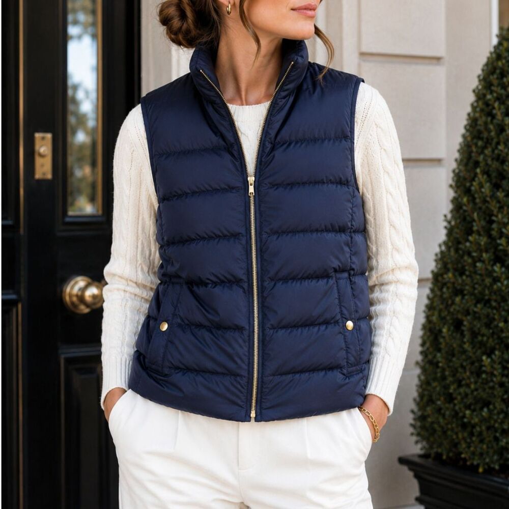 J.Crew Mountain Down Puffer Vest Navy Gold Zip Side Zip Medium H1622 Preppy